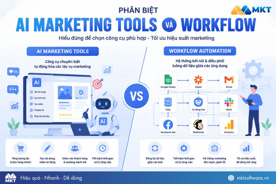 Phân biệt AI Marketing tools và Workflow  
