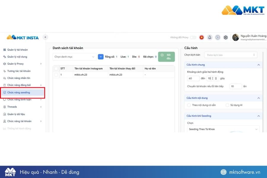 Mở phần mềm MKT Insta và chọn chức năng seeding Mở phần mềm MKT Insta và chọn chức năng seeding