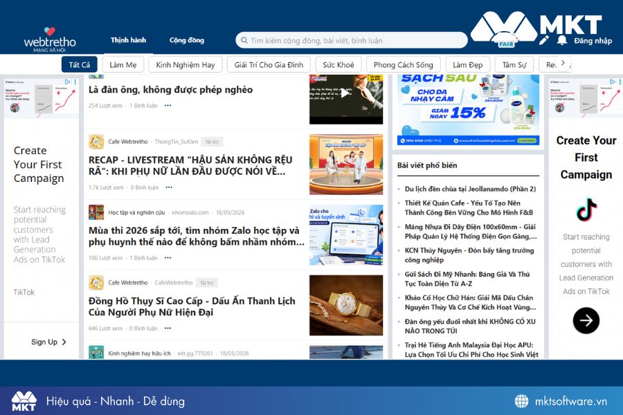 Giao diện Webtretho - forum phụ nữ phổ biến nhất tại Việt Nam