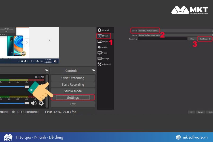 Chọn Settings để thiết lập cấu hình livestream