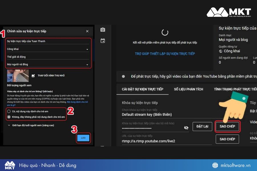 Get Stream Key để lấy khóa phát trực tiếp và nhập thông tin live stream