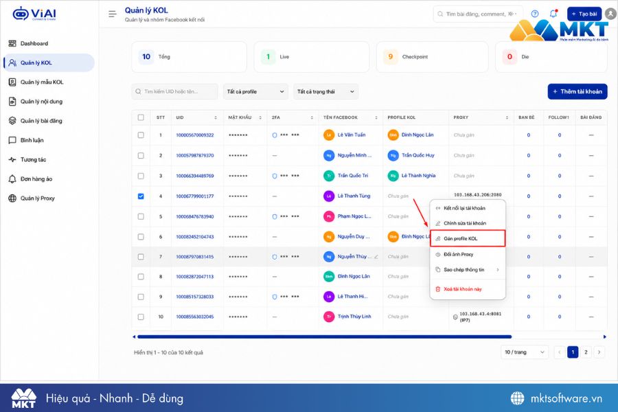 Chuột phải click nút Gán profile KOL Chuột phải click nút Gán profile KOL
