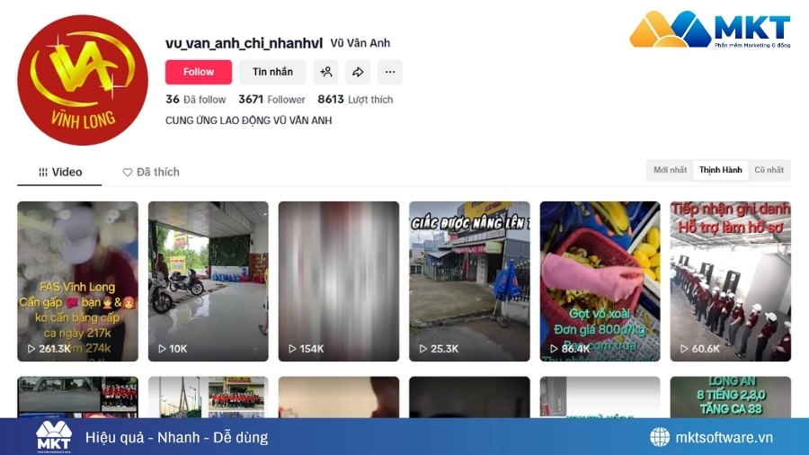 Kênh TikTok của Công ty cung ứng lao động Vũ Vân Anh tăng trưởng hiệu quả