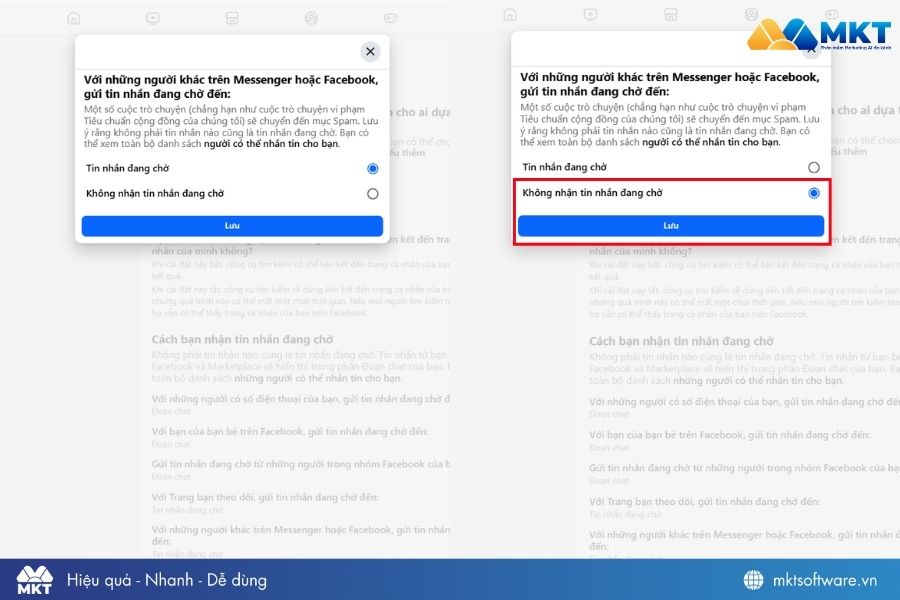 Click chọn Không nhận tin nhắn đang chờ 