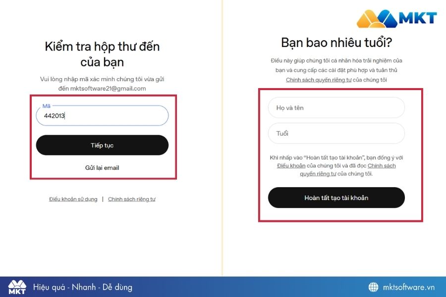 Hoàn tất quá trình tạo tài khoản