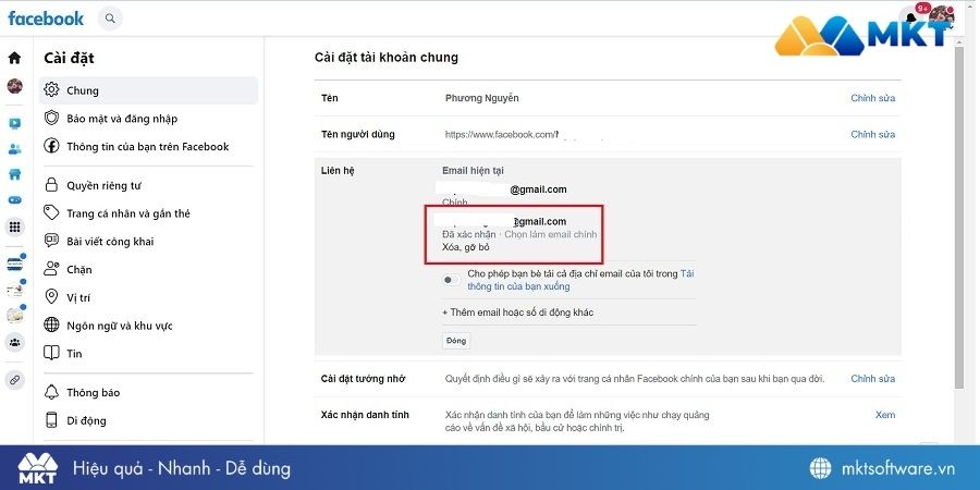Xóa email cũ, lưu thay đổi và nhận mã xác thực mới