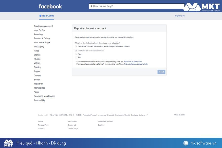 Giao diện báo cáo tài khoản Facebook giả mạo bằng link 948 Giao diện báo cáo tài khoản Facebook giả mạo bằng link 948