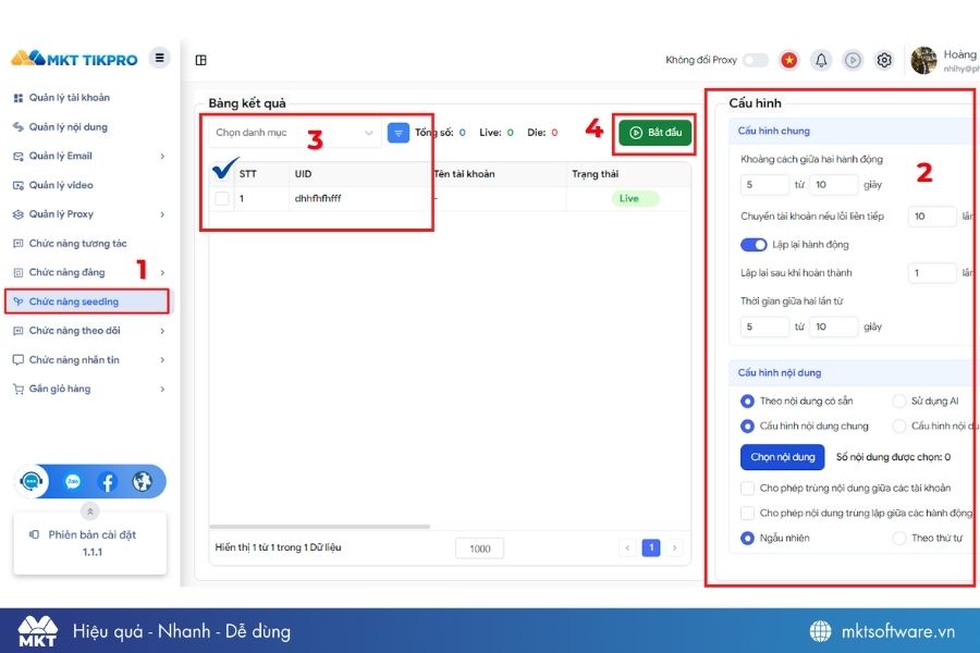Các bước seeding livestream TikTok tự động bằng phần mềm MKT Tikpro