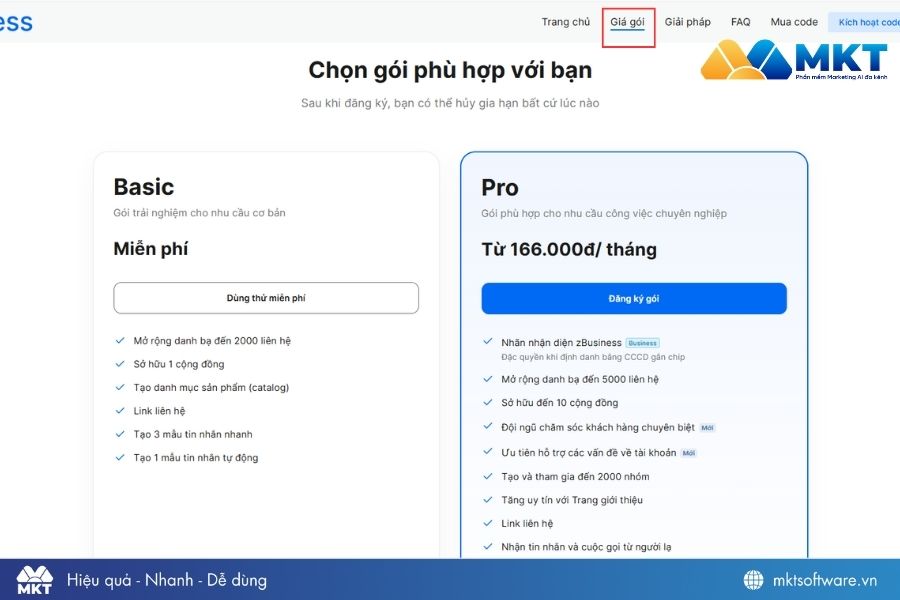 Chọn mục Giá gói