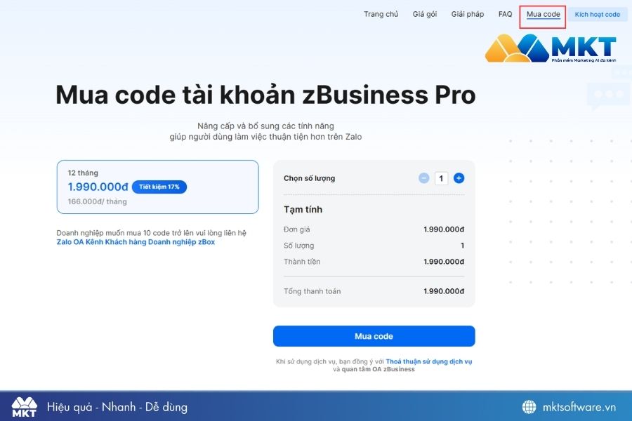 Bạn có thể mua Zalo Business tại mục Mua code