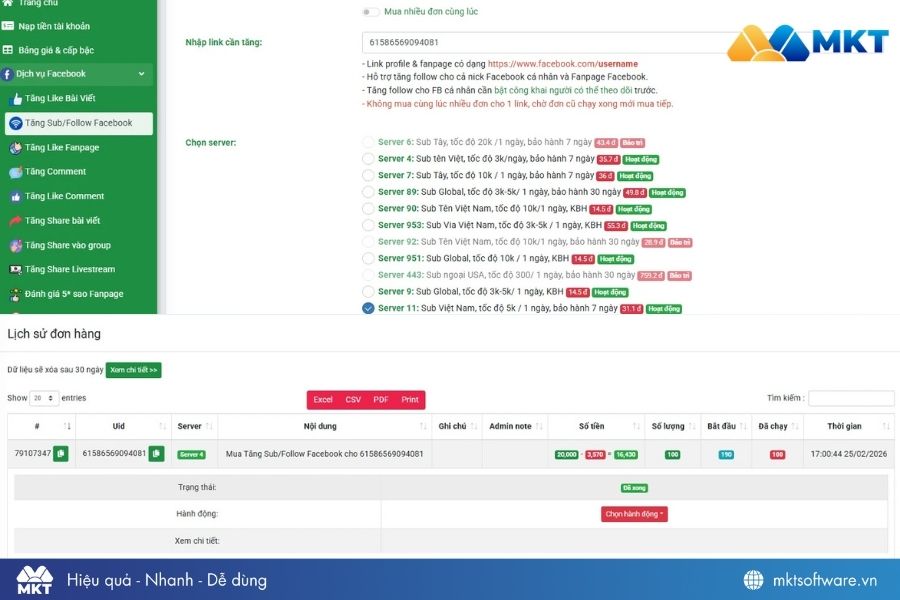 Chọn gói dịch vụ follow Facebook, thanh toán và kiểm tra tình trạng