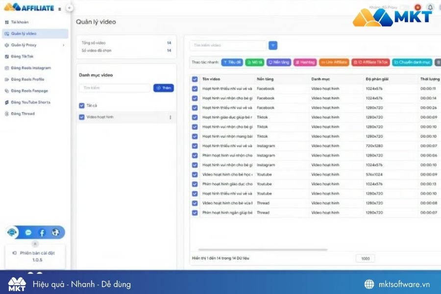 Giao diện quản lý video của phần mềm MKT Affiliate
