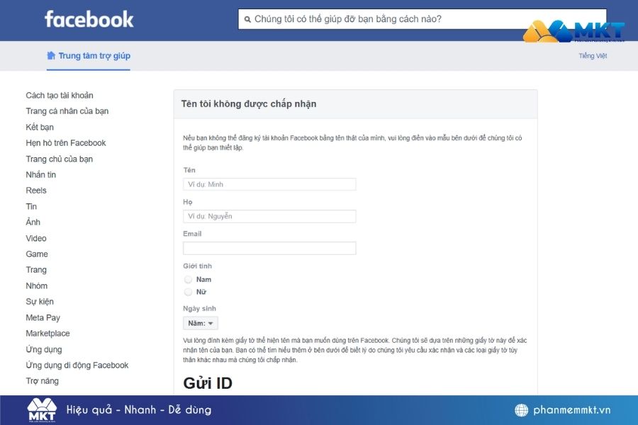 Biểu mẫu đổi tên Facebook Biểu mẫu đổi tên Facebook