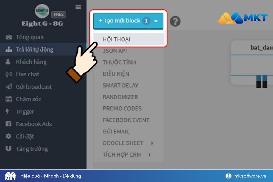 Tạo mới block và chọn Hội thoại