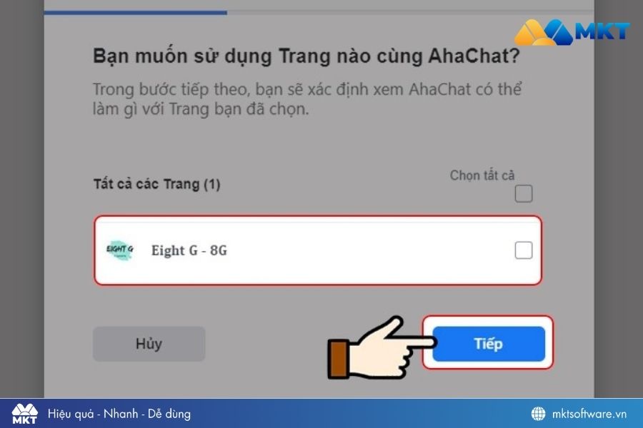 Chọn fanpage muốn tạo chatbot và nhấn Tiếp