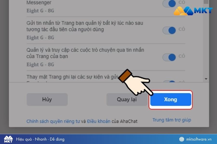 Chọn Xong để trở về trang web AhaChat