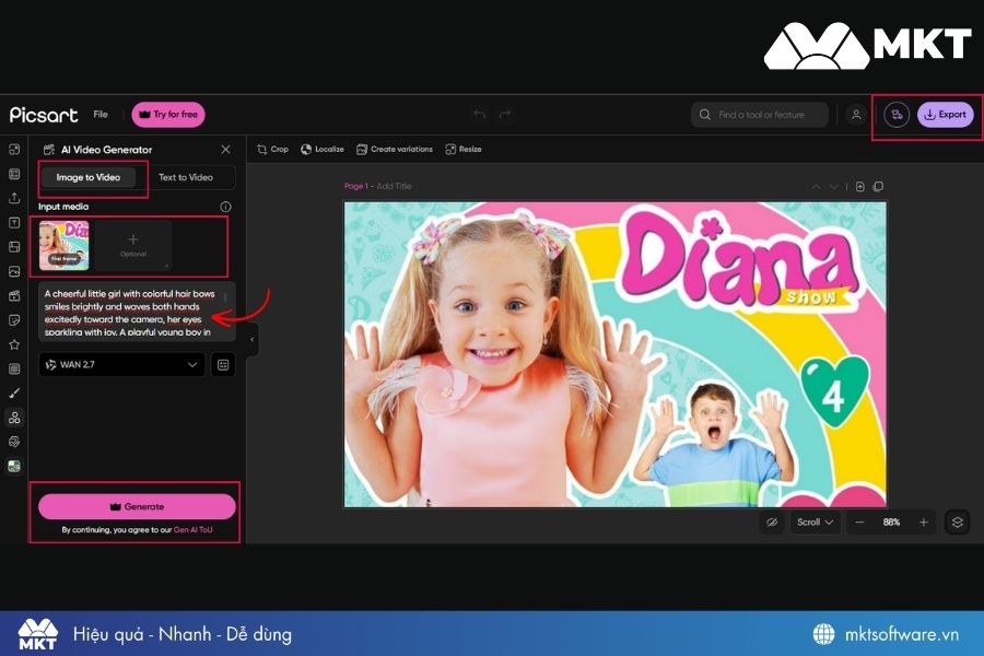 Tạo video AI từ ảnh free với Picsart