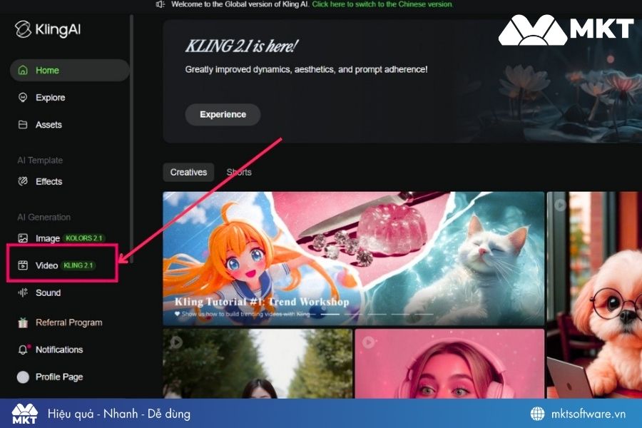 Chọn mục Video (Kling 2.1)