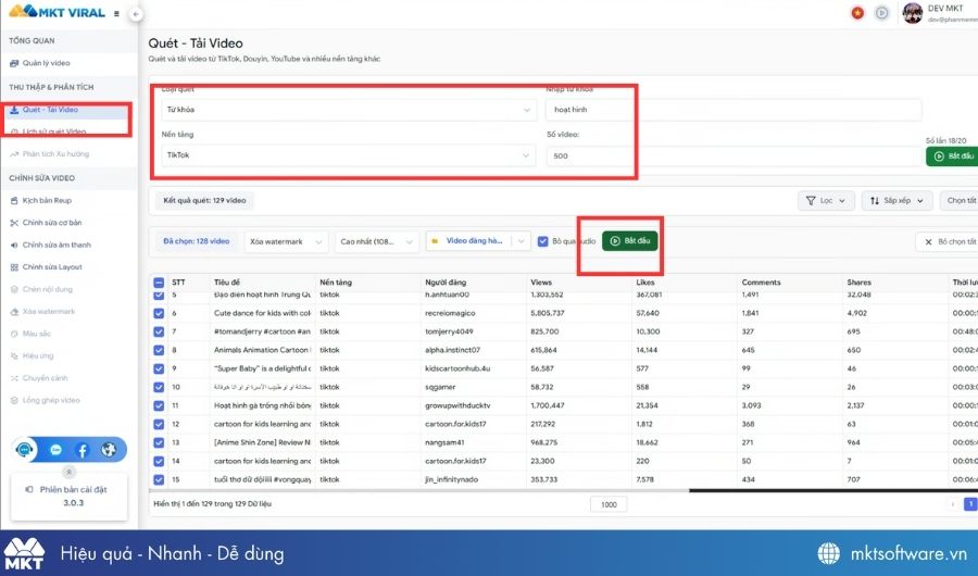 Chọn chức năng Quét - Tải Video trên giao diện MKT Viral