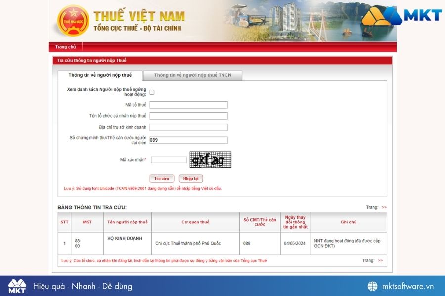 Tra cứu mã số thuế hộ kinh doanh online qua trang của Tổng cục thuế Việt Nam