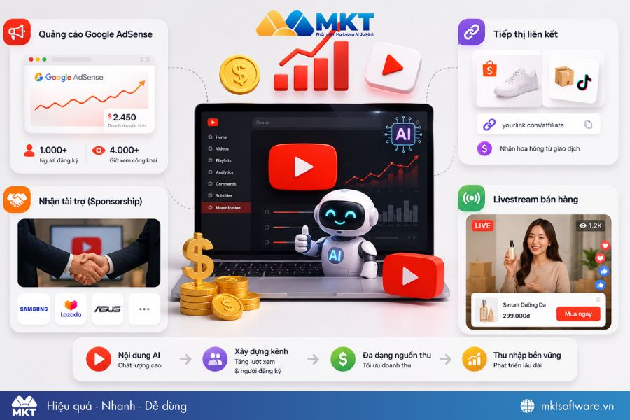 Các cách kiếm tiền trên YouTube bằng AI