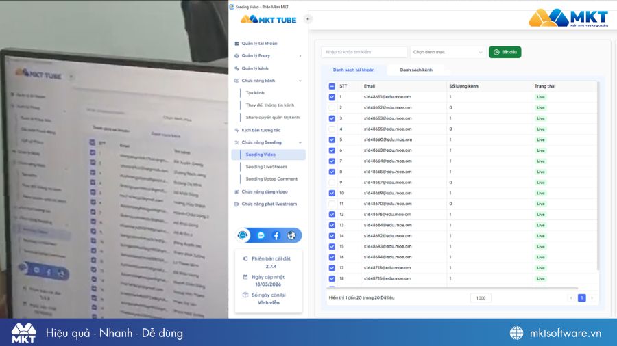 Anh Ninh ứng dụng MKT Tube để seeding hàng loạt video YouTube tự động