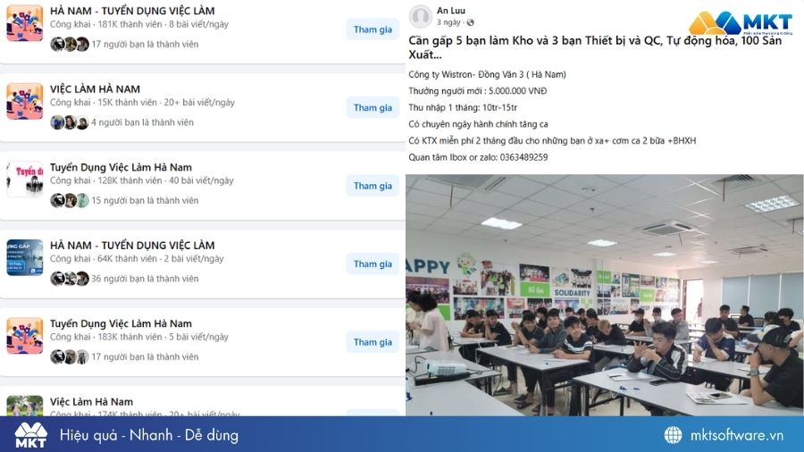  Anh Duy sử dụng MKT Care để đăng bài hàng loạt lên các hội nhóm tuyển dụng