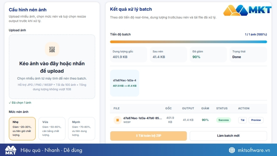 Giao diện nén ảnh của MKT Image Compress