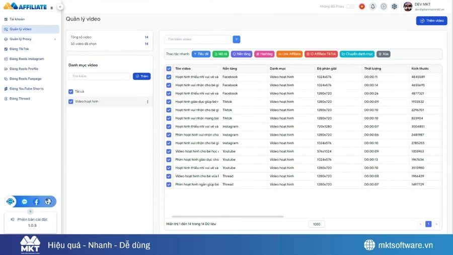 Tính năng quản lý nội dung video affiliate