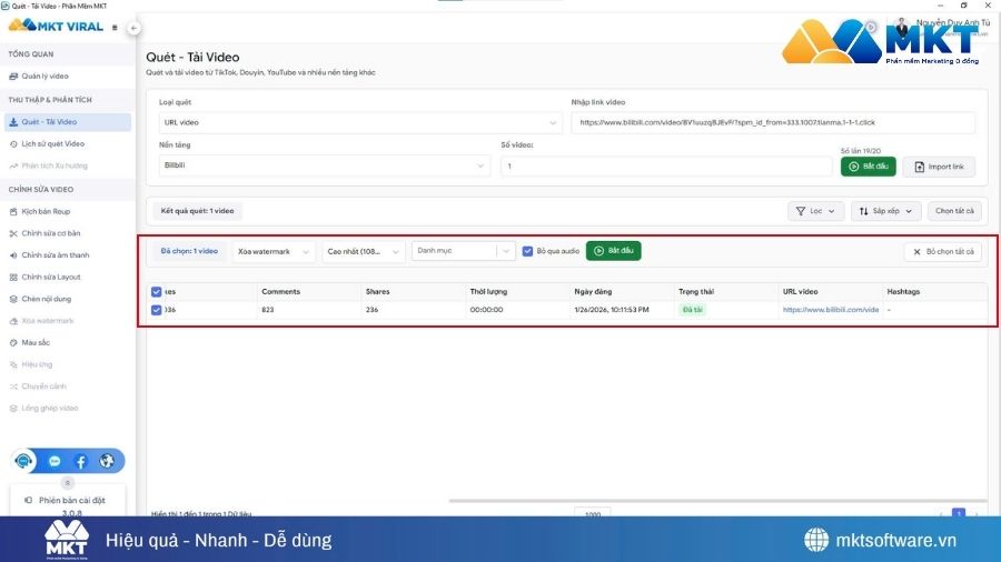 Tải video BiliBili không logo, full HD bằng MKT Viral