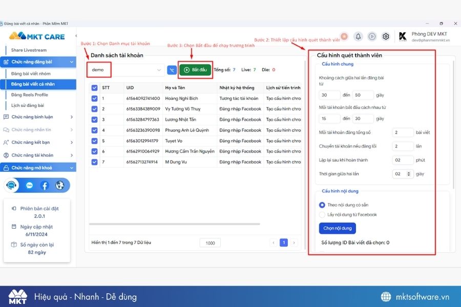 Giao diện tool đăng bài tự động Facebook MKT Care