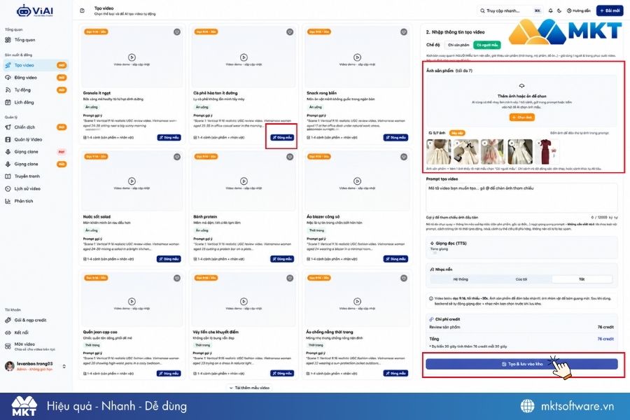 Chọn mẫu sản phẩm và mẫu nhân vật sau đó nhấn Tạo