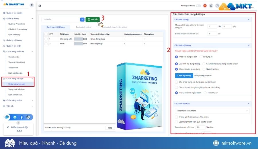 Giao diện các bước gửi lời mời kết bạn Zalo tự động trên ZMarketing Giao diện các bước gửi lời mời kết bạn Zalo tự động trên ZMarketing