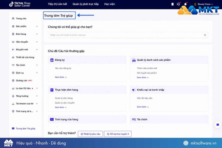 Cách liên hệ Tổng đài TikTok Shop qua Trung tâm trợ giúp