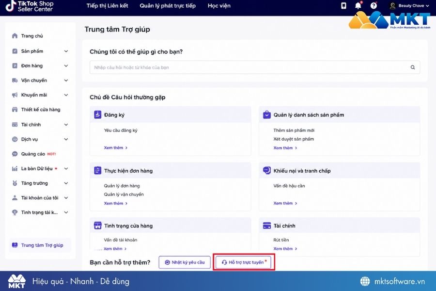 Liên hệ Tổng đài TikTok Shop qua Hỗ trợ trực tuyến