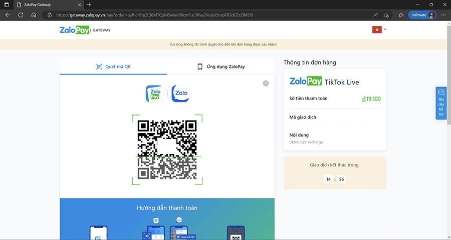 Mở ứng dụng ZaloPay để quét mã QR thanh toán