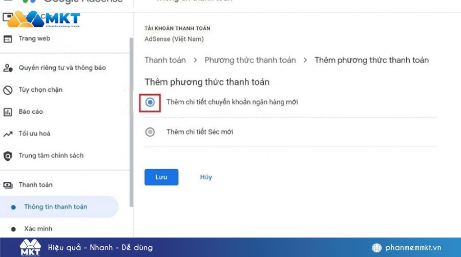 nhấp vào mục Payments (Thanh toán) hoặc Payment settings